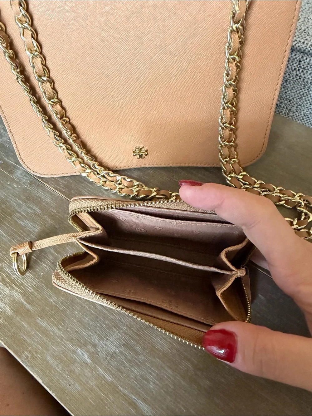 Tory Burch Camel/Tan Chain Crossbody with Matching Wallet